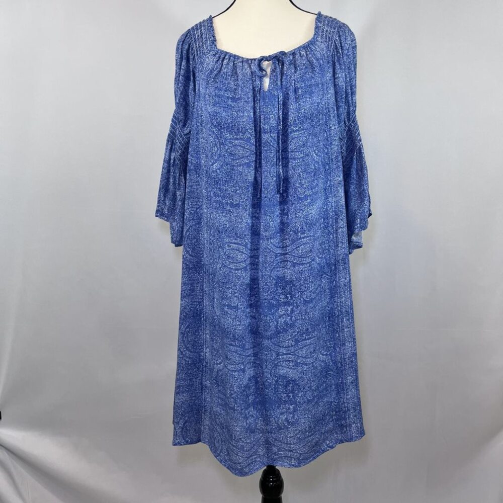 Luxology boho shift puff bell sleeve rayon polyester blue women dress sz 8